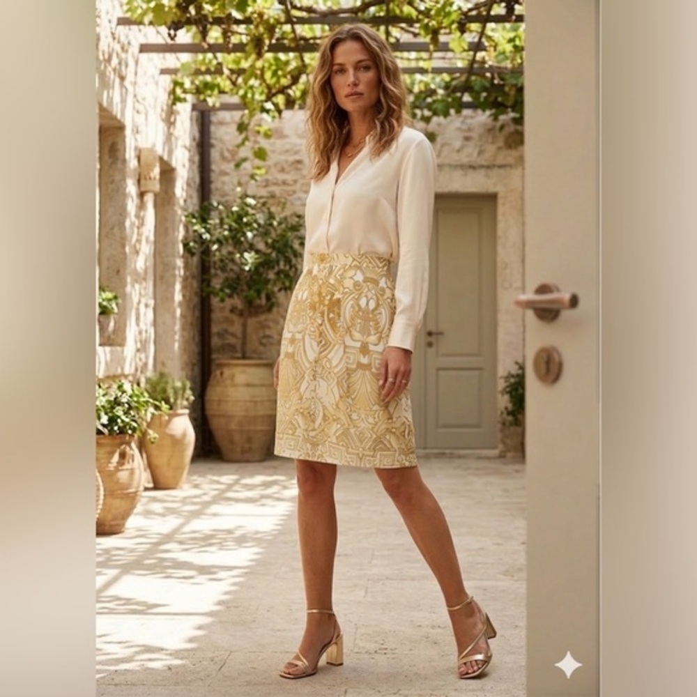 Les Copains 44 100% Cotton Baroque A-Line Skirt US 8 Gold White Italy